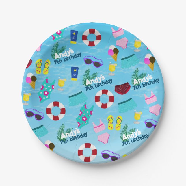 Birthday Pool Fun Party Pattern Paper Plate (Front)