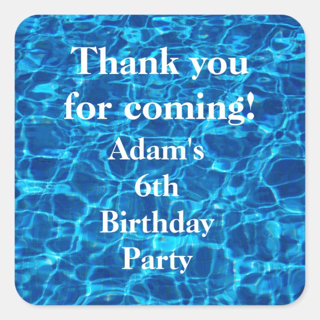 Birthday Pool Party Blue Personalized Thank You Square Sticker (Front)