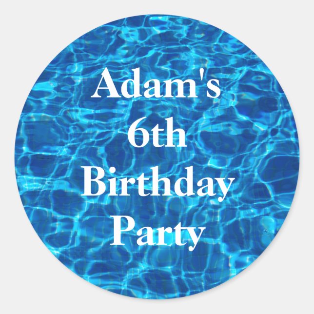Birthday Pool Party Blue Water Personalized Name Classic Round Sticker (Front)