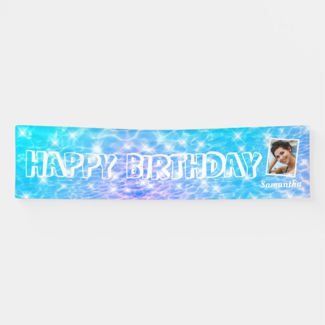 Birthday pool party blue water ripple custom photo banner (Horizontal)