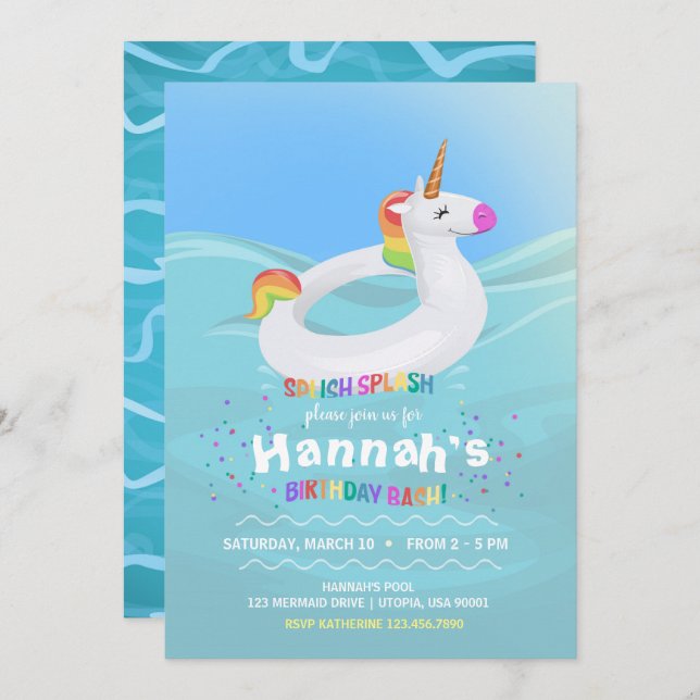 Birthday Pool Party Unicorn Float Invitation (Front/Back)