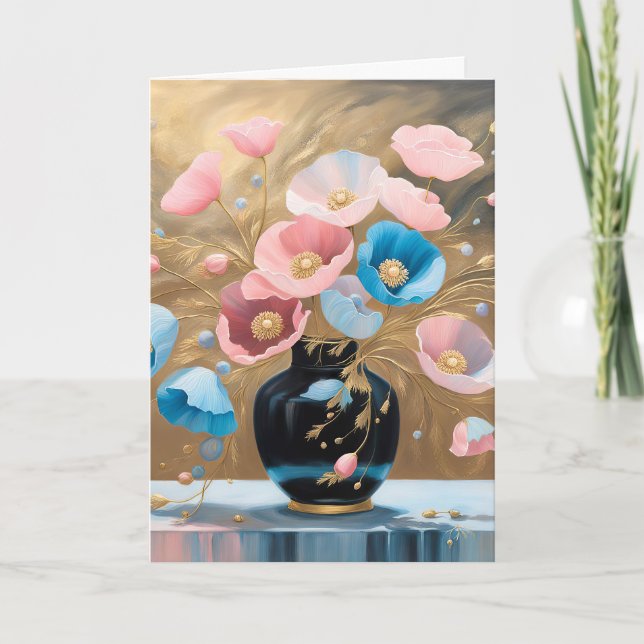 Birthday Poppies In Black Vase Card (Front)