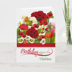 Birthday Poppies with Butterfly and Lorikeet Name Card