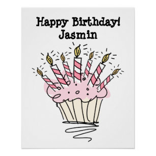 Birthday poster with cupcake and candles drawing.