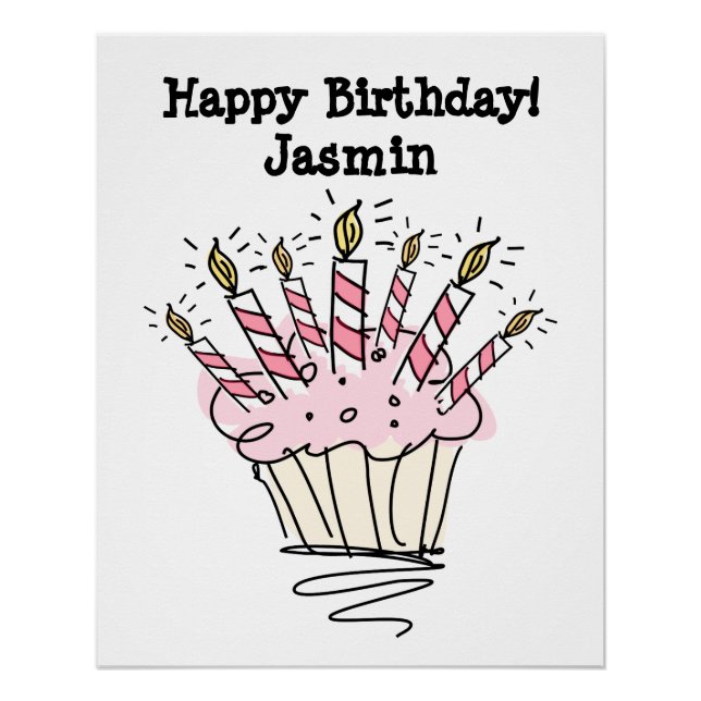 Birthday poster with cupcake and candles drawing. (Front)