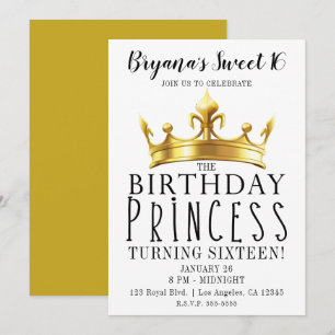 Birthday Princess Gold Crown Tiara Sweet 16 Party Invitation