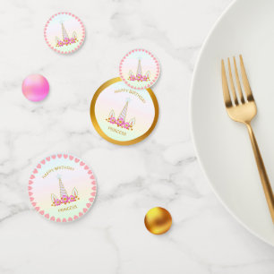 Birthday Princess Unicorn, Hearts & Gold Confetti