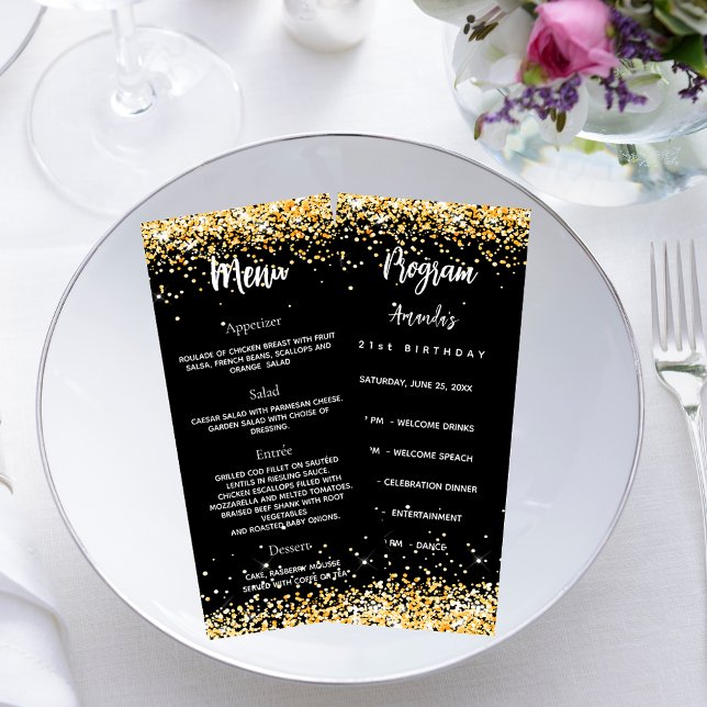 Birthday Progam Menu black gold glitter (Creator Uploaded)