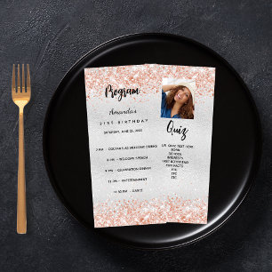 Birthday Progam Quiz silver rose gold photo Rack Card