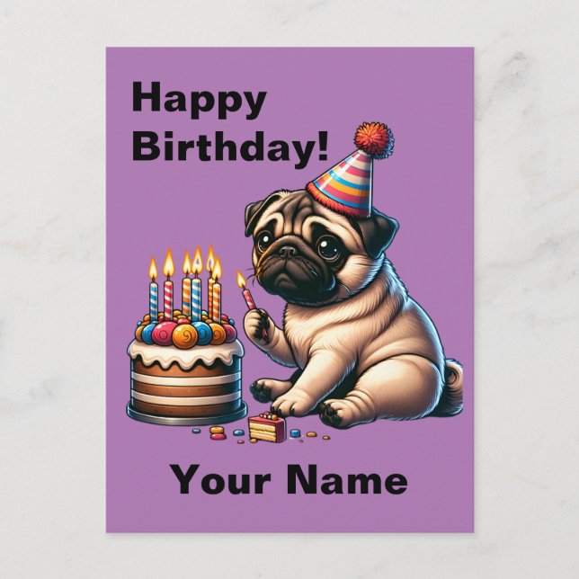 Birthday Pug Customizable Greeting Postcard (Front)
