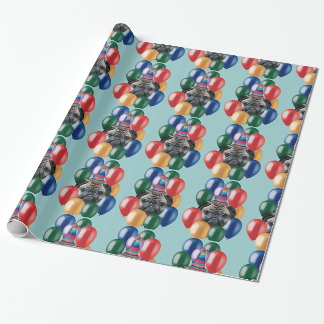 Birthday Pug dog wrapping paper (Unrolled)