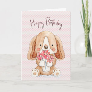 Birthday Puppy Dog with Flowers  Card
