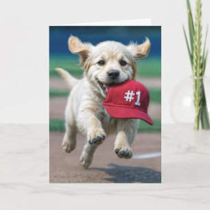 Birthday Puppy With #1 Red Baseball Cap Card