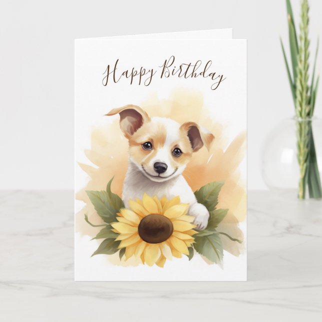 Birthday Puppy With Sunflower Card (Front)