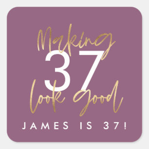 Birthday purple and gold simple elegant modern square sticker
