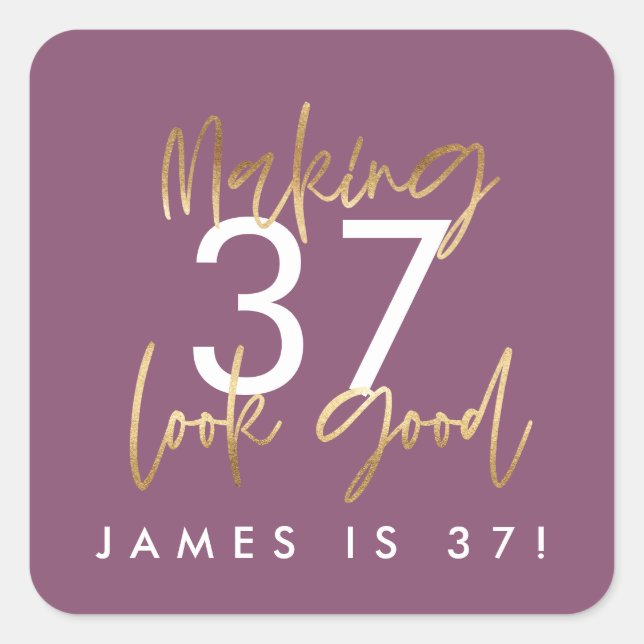 Birthday purple and gold simple elegant modern  square sticker (Front)