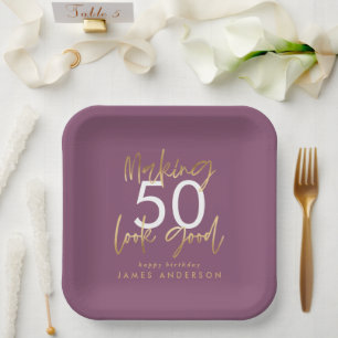 Birthday purple and gold simple elegant paper plate