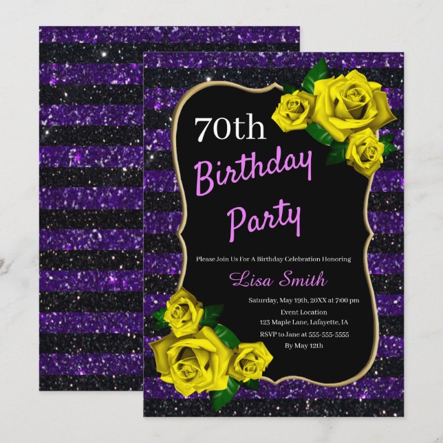 Birthday Purple Black Stripes Glitter Yellow Roses Invitation (Front/Back)