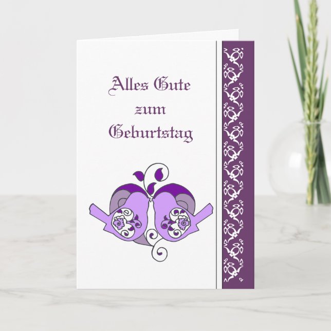 Birthday Purple Floral Hearts  Birds German Card (Front)