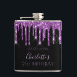 Birthday purple glitter black monogram friends hip flask<br><div class="desc">A gift from friends for a girly and glamourous 21st (or any age) birthday girl. A classic black background with purple faux glitter drips, paint dripping look. The text: The name is written in violet with a modern hand lettered style script. Personalize and add a name, age 21 and a...</div>