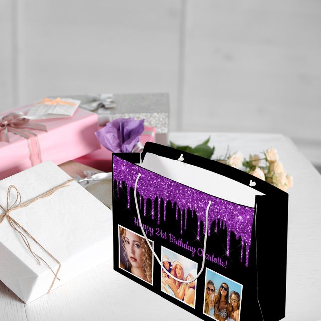 Birthday purple glitter drips black monogram large gift bag (Creator Uploaded)