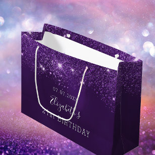 Birthday purple glitter dust monogram name large gift bag