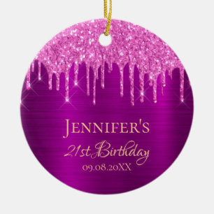 Birthday purple glitter glam sparkle thank you ceramic ornament