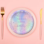 Birthday purple glitter pink holographic name paper plate<br><div class="desc">A girly trendy iridescent background with unicorn and rainbow pastel colours in pink,  purple,  rose gold,  mint green. Decorated with faux glitter dust.  Personalize and add a name and age.  The word birthday is written with a modern hand lettered style script.</div>