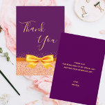Birthday purple gold elegant bow Thank You<br><div class="desc">An elegant and glamourous birthday thank you card. A girly and feminine purple background, faux gold ribbon and bow with rose gold sparkle. On front a hand lettered style script and the text: Thank You. Brown letters. Back: Template for Your thank you note and name/names. Purple background. This card is...</div>