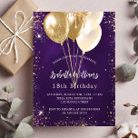 Birthday purple gold glitter balloons invitation<br><div class="desc">For an elegant 18th birthday party.  A trendy deep purple background. The purple color is uneven. Decorated with faux gold glitter,  sparkles and balloons.  Personalize and add a name,  age and party details. The name is written with a hand lettered style script</div>