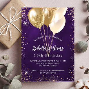 Birthday purple gold glitter balloons invitation