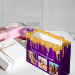 Birthday purple gold glitter drips name photo large gift bag<br><div class="desc">For a 21st (or any age) birthday.  An elegant purple metallic looking background. With faux gold glitter drips,  paint dripping look.  Personalize and add 3 of your own photos,  a date,  name and age 50. The name is written wit a modern hand lettered style script.</div>