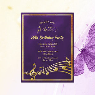 Birthday  purple gold music invitation postcard