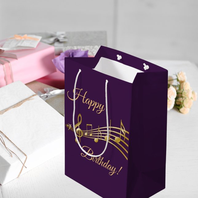 Birthday purple gold music notes medium gift bag (Creator Uploaded)