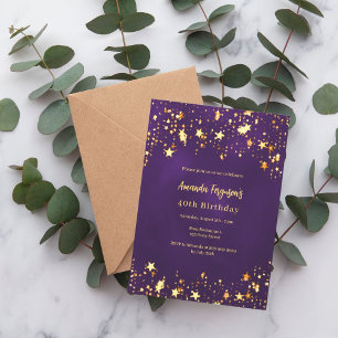 Birthday purple gold stars invitation