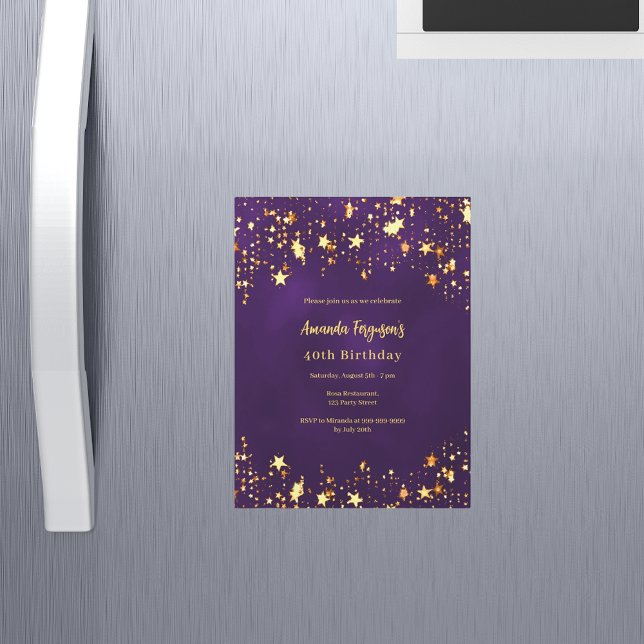 Birthday purple gold stars luxury magnetic invitation (Creator Uploaded)
