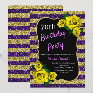 Birthday Purple Gold Stripes Glitter Yellow Roses Invitation