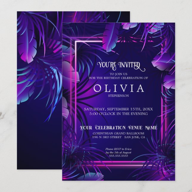 Birthday | Purple Neon Tropical Foliage Invitation (Front/Back)
