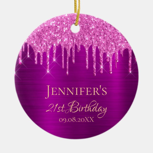 Birthday purple pink glitter drips thank you ceramic ornament (Front)