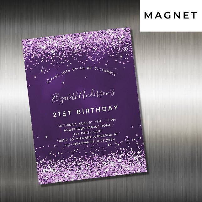Birthday purple pink glitter luxury magnetic invitation (Creator Uploaded)