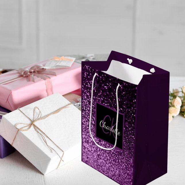 Birthday purple pink glitter monogram luxury medium gift bag (Creator Uploaded)