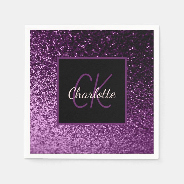 Birthday purple pink glitter monogram luxury napkin (Front)