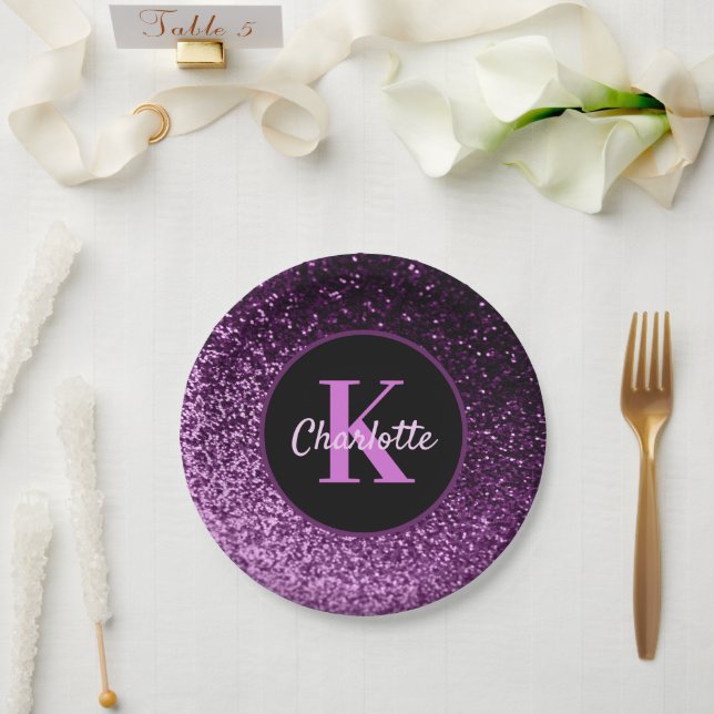 Birthday purple pink glitter monogram luxury paper plate (Wedding)