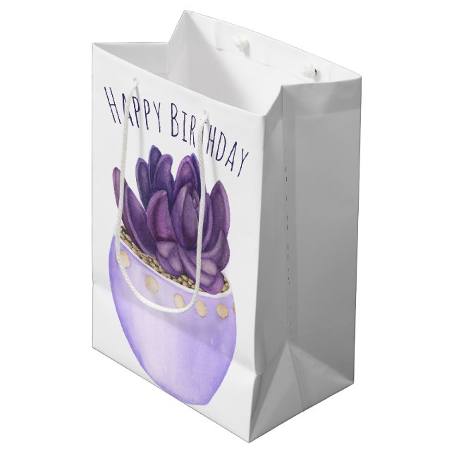 Birthday Purple Potted Succulent Medium Gift Bag (Front Angled)