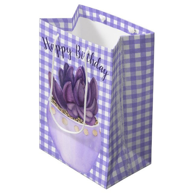 Birthday Purple Potted Succulent on Gingham  Medium Gift Bag (Front Angled)