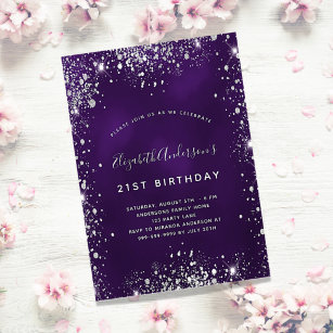 Birthday purple silver glitter glamourous invitation