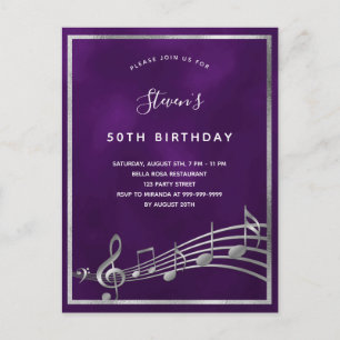 Birthday purple silver music notes invitation postcard