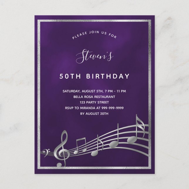 Birthday purple silver music notes invitation postcard (Front)
