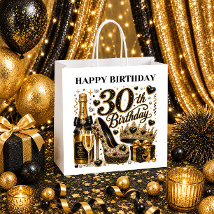 Birthday Queen 30th Birthday Black Gold Glitter Large Gift Bag