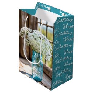 Birthday Queen Anne's Lace In Aqua Mason Jar Medium Gift Bag